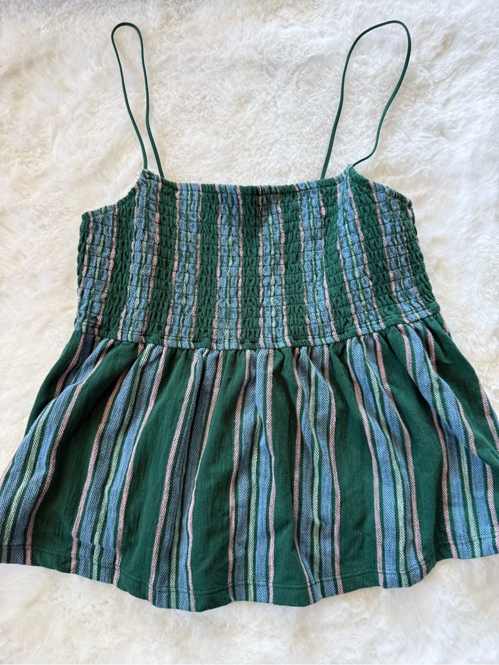American Eagle Smocked Babydoll Green Striped Tank Medium